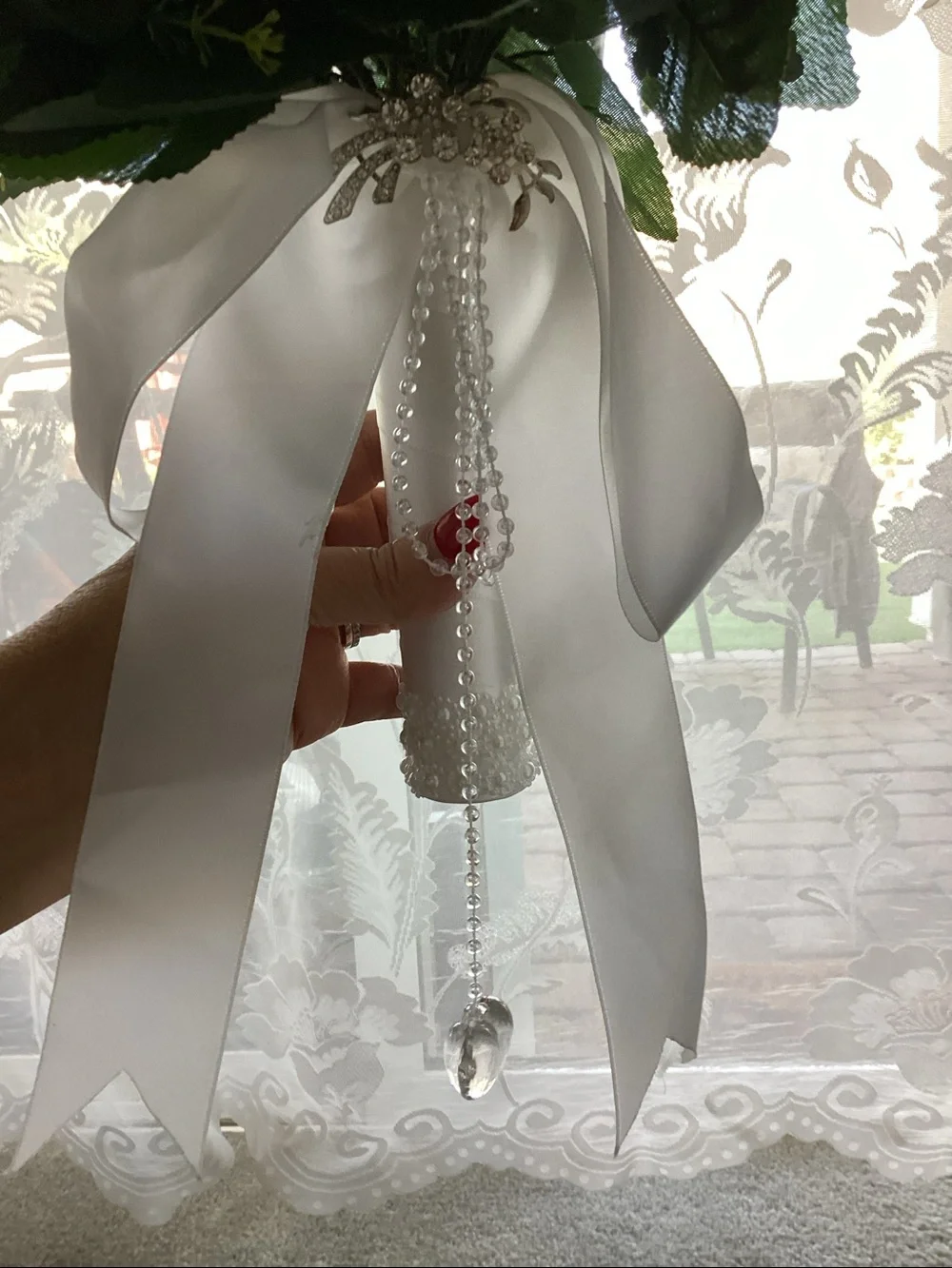 White Rose Bridal Bouquet with Satin Ribbon and hanging heart ❤️ NEW NEVER USED
